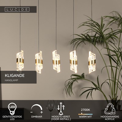 Lucide KLIGANDE - Hanglamp - LED Dimb. - 5x7,8W 2700K - Mat Goud / Messing